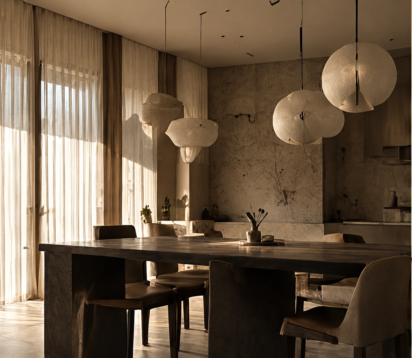 Minimal dining room with sculptural pendant lights